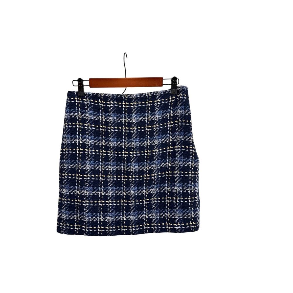 Boston Proper Preppy Professional Blue Plaid Tweed Mini Skirt Size 14
